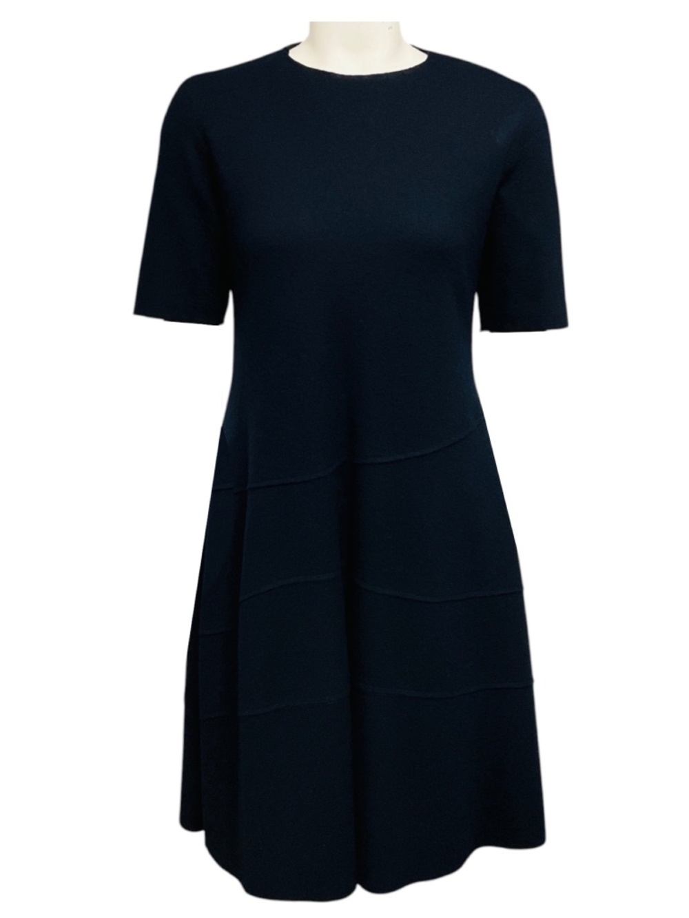 JIL SANDER NAVY BLUE SHORT SLEEVED FLARED WOOL DRESS